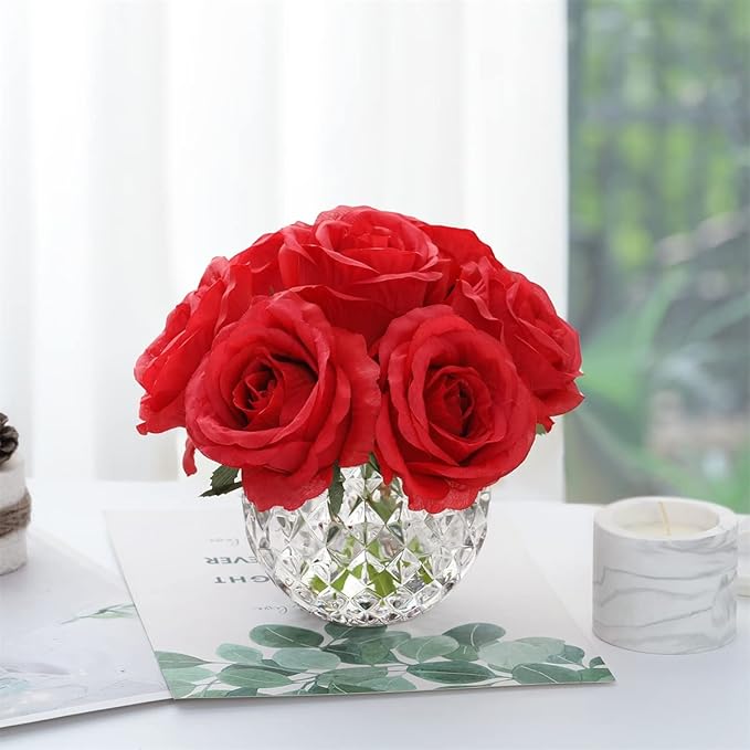 7 Large Stem Rose Red Artificial Flowers in Vase, Silk Flowers Arrangement in Round Glass Vase Without Water for Home Decor, Wedding Table (Red)