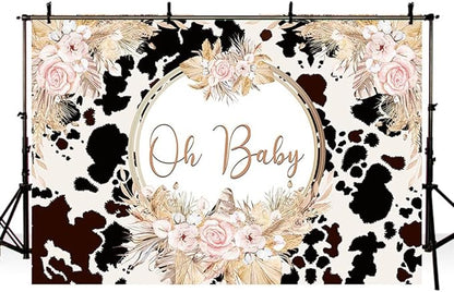 7x5ft Boho Holy Cow Baby Shower Backdrop Oh Baby Black and White Cow Print Bohemia Pink Floral Pampas Grass Photography Background Farm Theme Party Decoration Banner Supplies Photo Studio Props
