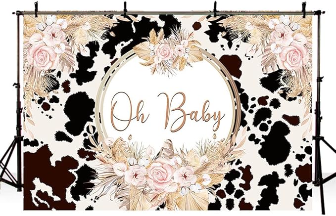 8x6ft Boho Holy Cow Baby Shower Backdrop Oh Baby Black and White Cow Print Bohemia Pink Floral Pampas Grass Photography Background Farm Theme Party Decoration Banner Supplies Photo Studio Props