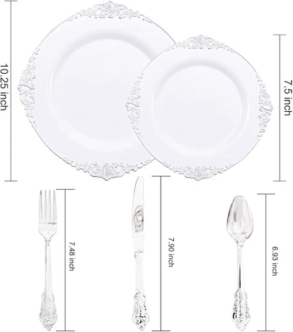 Liacere 150PCS Silver Plastic Plates with Silver Cutlery - Disposable Plastic Plates Include 30Dinner Plate, 30Dessert Plate, 30Knives, 30Spoons, 30Forks - Ideal for Wedding&Christmas