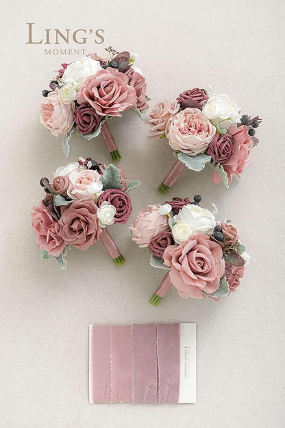 Ling's moment Artificial Flowers Pink Bridesmaid Bouquet Set of 4, Dusty Rose Wedding Flowers Bouquets for Bridesmaids, 7 Inch Bridal Bouquets for Bridesmaids, Wedding Decor, Ceremony, etc