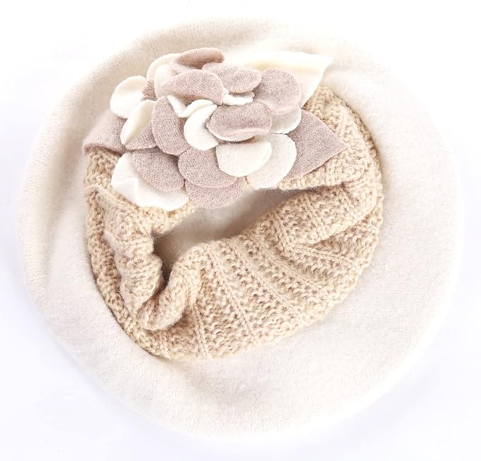 VECRY Lady French Beret 100% Wool Beret Floral Dress Beanie Winter Hat