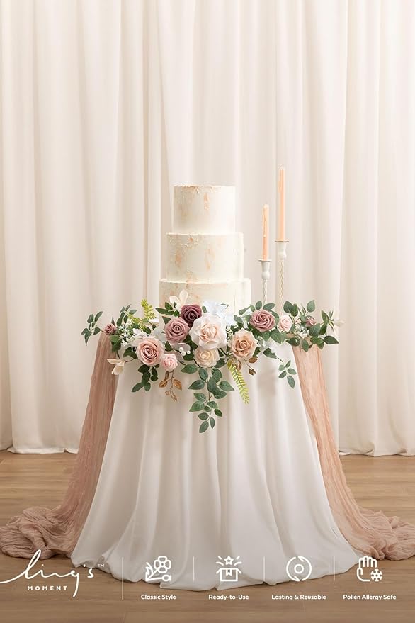 Ling's Moment Wedding Artificial Welcome Sign Flowers Swag Arch Floral Garland Decorations Dusty Rose Cream Ceremony Reception Entrance Entryway Party Banquets Easel Wall Home Outdoor(NOT Include Sign