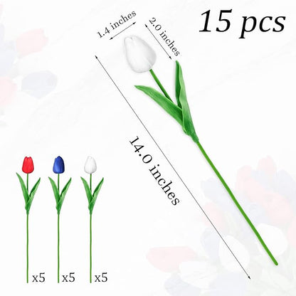 SITUMEIZI 15pcs 4th of July Flowers Tulips Fake Artificial Flowers Silk 14" Patriotc Flower for Independence Day Home Decor Kitchen Floral Arrangements Table Centerpieces(Mix,3)