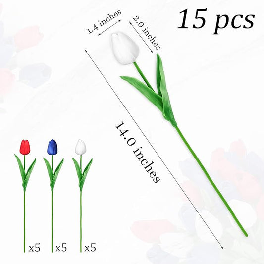 SITUMEIZI 15pcs 4th of July Flowers Tulips Fake Artificial Flowers Silk 14" Patriotc Flower for Independence Day Home Decor Kitchen Floral Arrangements Table Centerpieces(Mix,3)