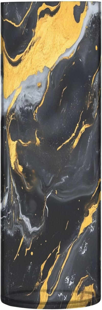 Flower Vase for Centerpieces, Marble Texture Black Gold Plastic Cylinder Vase, Clear Bud Vases for Home Wedding Office Table Decor