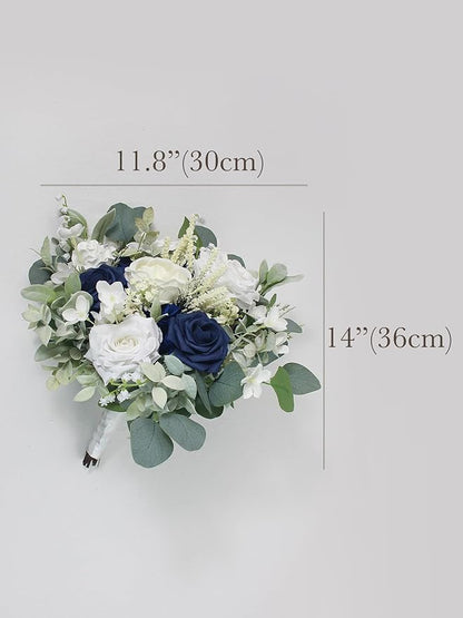 Rinlong 11.8" Wide Navy Blue Wedding Bouquets for Bride Blue White Bridal Bouquet for Wedding Artificial Flowers Bouquets