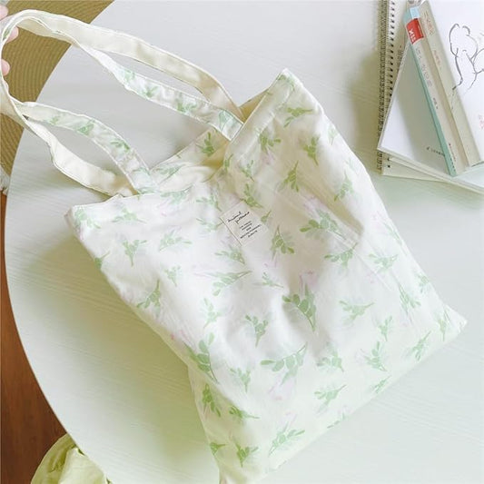 Cotton Canvas Tote Bag Reusable Soft Grocery Cloth Bag Floral Shoulder Bag for Beach Travel Shopping