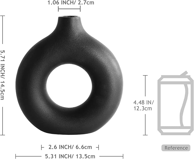 Black Doughnut Vase, Modern Minimalist Hollow Ceramic Vase for Pampas Grass, Dried Flowers, Farmhouse Bohemian Style, 5.7 Inch Small Flower Vases for Home Decor, Living Room, Table, Shelves