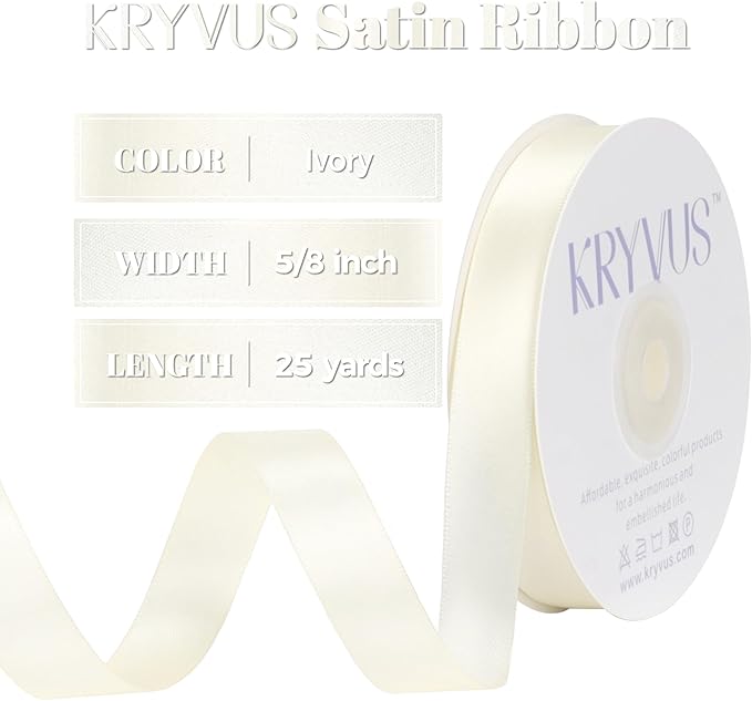 Ivory Satin Ribbon, Double Faced 5/8 Inch X 25 Yards Ivory Ribbon, Premium Satin Ribbon for Gift Wrapping, Crafts, Hair Bow Making, Sewing, Flower Bouquet, Wedding Party Decor