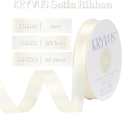 Ivory Satin Ribbon, Double Faced 5/8 Inch X 25 Yards Ivory Ribbon, Premium Satin Ribbon for Gift Wrapping, Crafts, Hair Bow Making, Sewing, Flower Bouquet, Wedding Party Decor