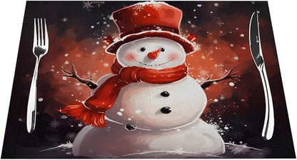 PVC Placemats Set of 6 Wipeable Table Mats Washable Heat Resistant Non Slip Vinyl Dining Table Mat for Kitchen Indoor Outdoor Patio Farmhouse Place Mats Christmas Snowman Red Decorative