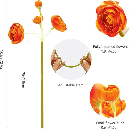 24 Pcs Ranunculus Artificial Flowers 10.5", Mini Faux Silk Ranunculus with Stem, Fake Flowers for Home Decor Indoor Wedding Bouquets Centerpieces (Orange)