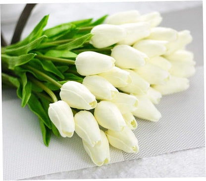 Artificial Tulips Flowers Real Touch Tulips Holland PU Bouquet Latex Flower White for Wedding Party Office Home Kitchen Decoration 30pcs (White) Artificial