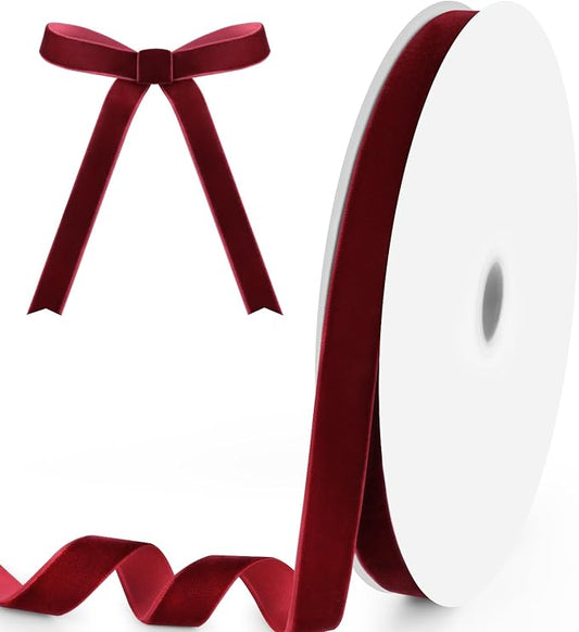 5/8" Wide x 25 Yards Velvet Ribbon, Vintage Single Face Velvet Ribbons for Gift Wrapping, Christmas Wrapping Bows, Wedding Decor, Sewing and More (Burgundy)