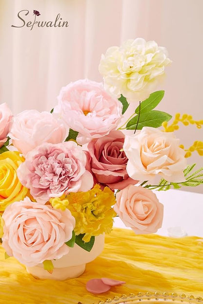 Serwalin Artificial Flowers,Pink Yellow Silk Fake Flowers Box for DIY Wedding Bridal Bouquet, Wedding Cake Flowers for Table Centerpieces Birthday Party Bridal Shower Home Decorations