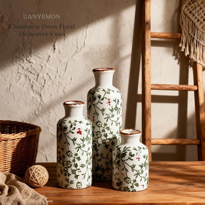 Ceramic Vase Set of 3 - Modern Chinoiserie Green Floral Decorative Vases for Home Decor, Rustic Farmhouse Boho Vases for Living Room, Mantel, Dining Table, Bookshelf, Kitchen or Entryway Decoration