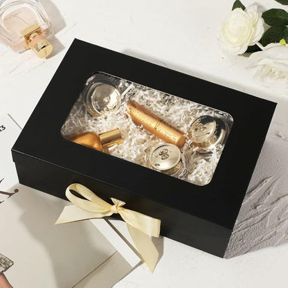 Black Gift Box for Presents with Ribbon 10.8x7.5x3.5 Inches Clear Gift Box with Window Magnetic Closure Gift Boxes with Lids