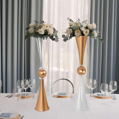 Efavormart 2 Pack Clear Gold Crystal Embellishment Trumpet Table Centerpiece, Reversible Plastic Flower Vase - 27"
