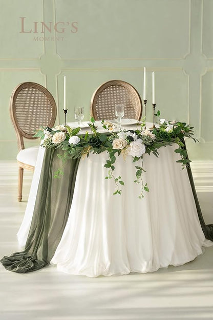 Ling's moment Summer Green Flower Garland - 6FT Eucalyptus & Rose - Sweetheart Table Decor for Wedding Reception, Artificial Floral Garland for Mantle, Christmas Decoration, Emerald & Tawny Beige