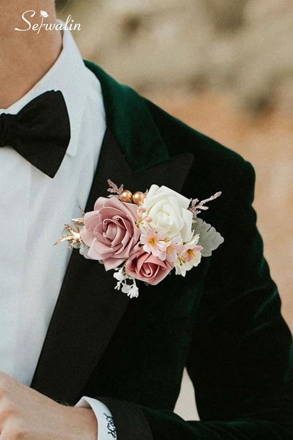 Serwalin Set of 2 Boutonniere for Men Corsage with Pins,Groom and Best Man Boutonnieres for Wedding Prom Ceremony Anniversary and Party (Pink&White)