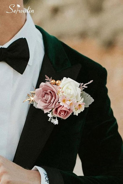 Serwalin Set of 2 Boutonniere for Men Corsage with Pins,Groom and Best Man Boutonnieres for Wedding Prom Ceremony Anniversary and Party (Pink&White)