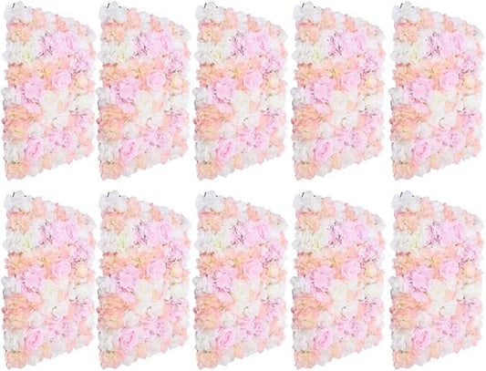 Flower Wall Panel Floral Backdrop,10Pack Champagne Flower Wall Decor,Silk Rose Wall, Artificial Flower Backdrop Faux Flower Panel for Wedding (10PCS PINK1)