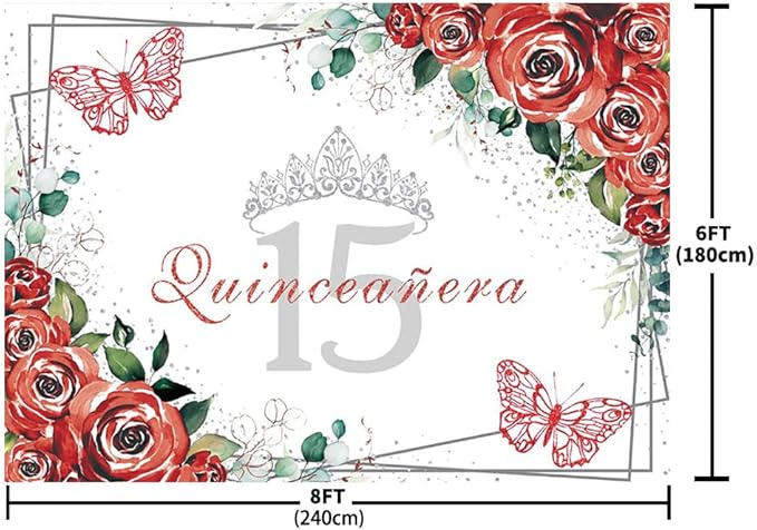 SENDY 8x6ft Quinceañera Backdrop Mis Quince 15 Anos Birthday Party Decoration Supplies for Girl Princess Red Floral Flower Butterfly Silver Crown Photography Background Banner Photo Booth Studio Props