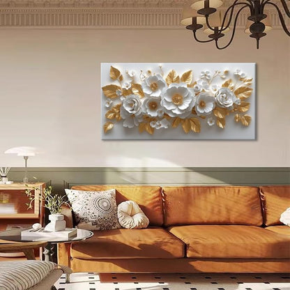 IDAFU Flower Wall Art White Foral and Golden Leaves Wall-décor White Wall Art Floral Painting Pictures for Living Room Bathroom Bedroom Kitchen Office Cuadros Decorativos Para Sala Decor 30L x 16W