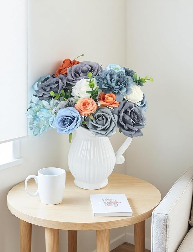Dusty Blue White Orange Artificial Flowers Combo for DIY Centerpieces Arrangements Wedding Bridal Bouquet Table Chair Decor Candle Holder Baby Shower Cake Decor Flower Strips Home Décor
