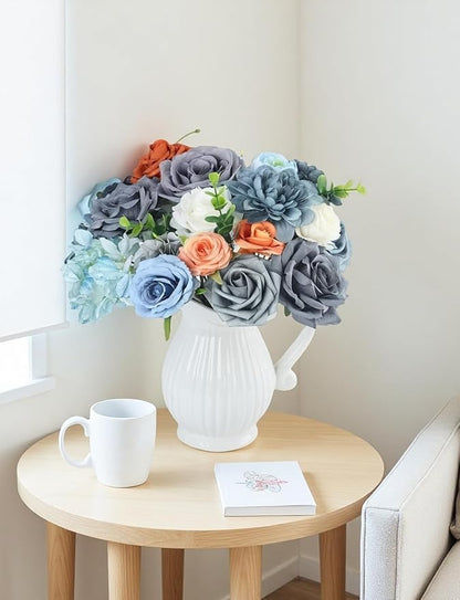 Dusty Blue White Orange Artificial Flowers Combo for DIY Centerpieces Arrangements Wedding Bridal Bouquet Table Chair Decor Candle Holder Baby Shower Cake Decor Flower Strips Home Décor