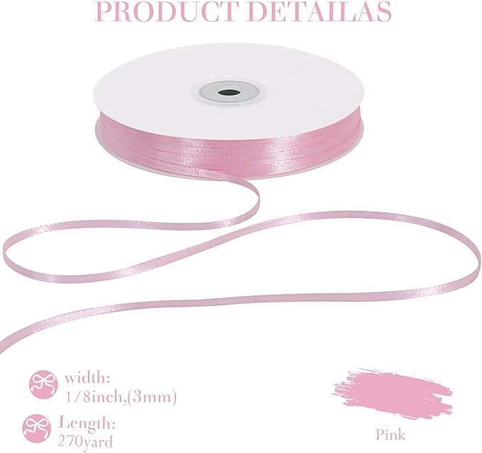 TONIFUL 1/8 Inch x 200 Yards Pink Thin Solid Satin Ribbon Giant Spool Double Face Ribbons for Crafts Hanging Tags Invitation Card Balloons Bouquet Hair Gift Wrapping Party Decoration