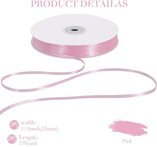 TONIFUL 1/8 Inch x 200 Yards Pink Thin Solid Satin Ribbon Giant Spool Double Face Ribbons for Crafts Hanging Tags Invitation Card Balloons Bouquet Hair Gift Wrapping Party Decoration
