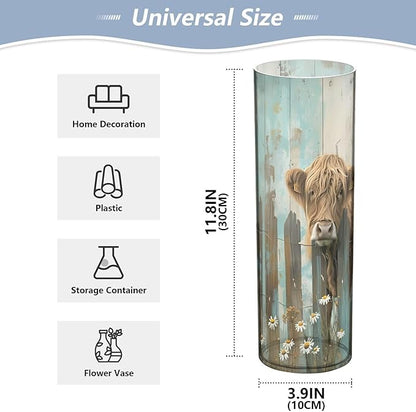 Flower Vase for Centerpieces, Highland Cows Fence Plastic Cylinder Vase, Clear Bud Vases for Home Wedding Office Table Decor