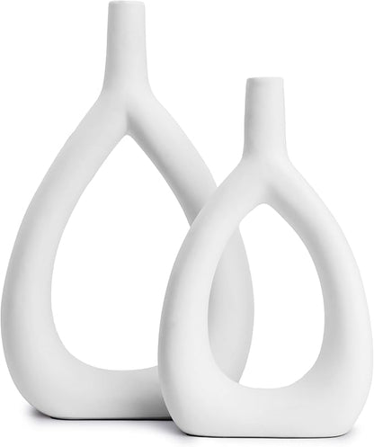 Ajuny Oval Vase Set of 2 – White Ceramic Decorative Vases, Farmhouse Style Modern Accent for Wall Decor, Bedroom, Living Room, Coffee Table, Office