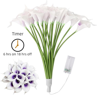20pcs Artificial Calla Lily Bouquet Lamp Faux Floarl Night Light Real Touch Flower Night Lamp LED Calla Lily Artificial Flower Light for Christmas Gifts Home Kitchen Decor(Whitepurple)