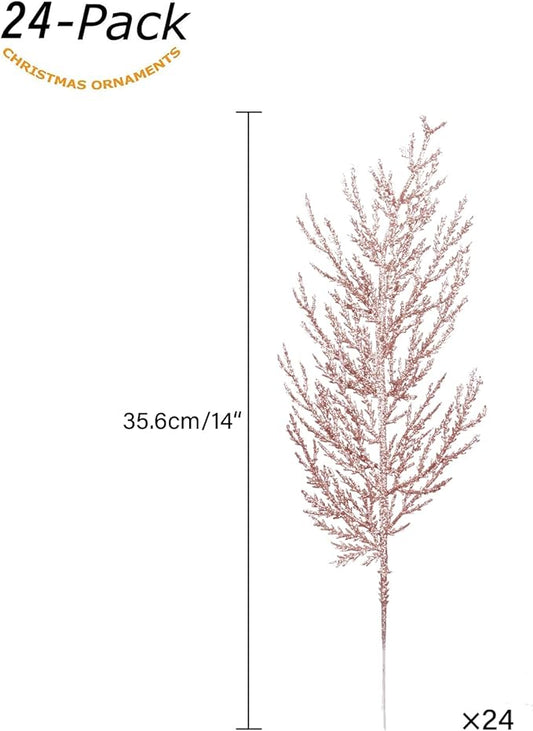 Christmas Glitter Twig 24pcs Artificial Pine Tree Picks for Christmas Tree Ornaments fillers, DIY Xmas Wreath, Crafts, Garland, Holiday, Party, Wedding and Home Decoration (Rose Gold)