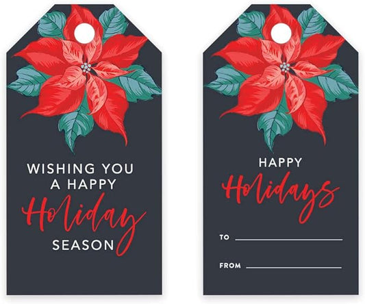Andaz Press Christmas Holiday Season Classic Gift Tags, Happy Holidays to from and Wishing You A Happy Holiday Season, Christmas Poinsettia Design, for Holiday Events, Parties, and Favors, 60-Pack