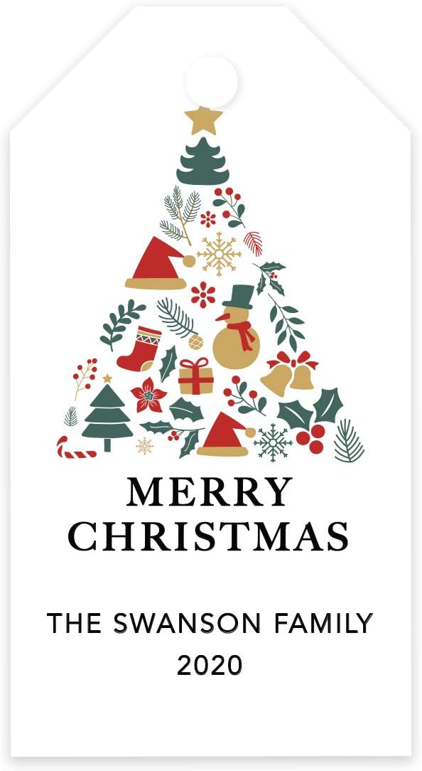 Andaz Press Personalized Christmas Holiday Season Classic Gift Tags, Merry Christmas Custom Family Name and Year, Christmas Tree Elements Design, for Holiday Events, Parties, and Favors, 60-Pack