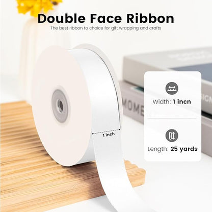 Double Face White Satin Ribbon 1 inch X 25 Yards Polyester White Ribbon for Wedding Decor, Wreath, Gift Package Wrapping and Other Projects