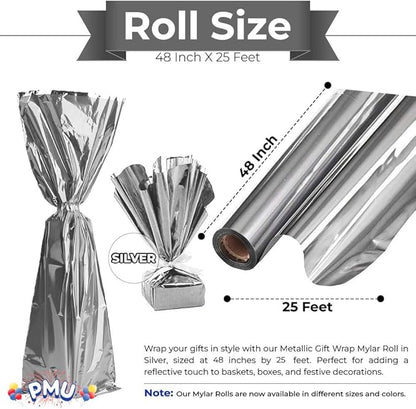 PMU Gift Wrap Mylar Roll Metallic Silver 2-sided, 48 Inches X 25 Ft Roll 1.4 Mil Highly Reflective Mylar Film, Great for Gifts, Birthdays, Christmas, Baskets, Arts & Crafts