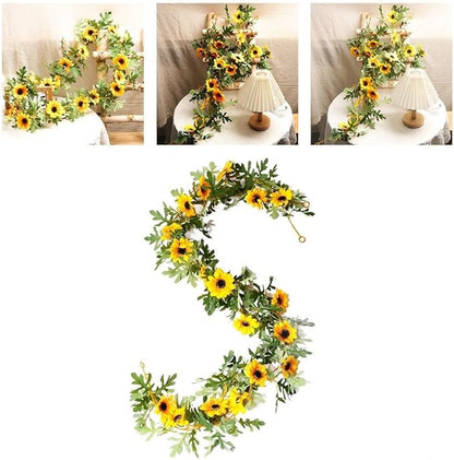 Artificial Sunflower Vine 175cm, Fake Sunflowers Garland with Yellow Silk Flowers and Green Leaves for Wedding Party Home Decor, 2 Pack