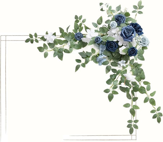 Ling's moment Wedding Artificial Welcome Sign Flowers Swag Arch Floral Garland Decorations Dusty Blue Navy for Ceremony Reception Entrance Entryway Party Banquets Easel Home Outdoor(NOT Include Sign)