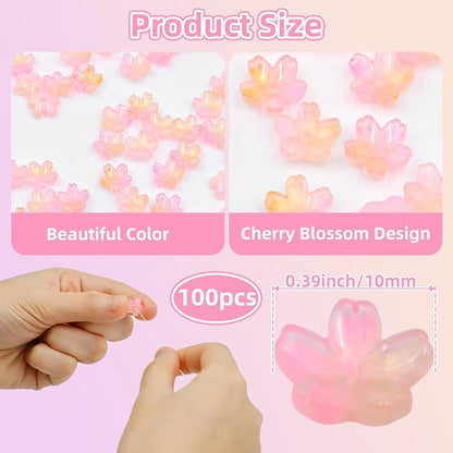 100pcs Glass Flower Beads, Gradient Pink Cherry Blossom Floral Beads for Jewelry Making Bracelets Earrings Necklace Pendant DIY Craft Beading Projects with Hole
