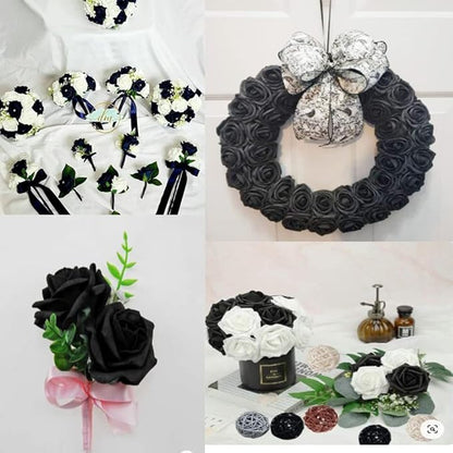 IPOPU Artificial Rose Flower Heads, 100 Pcs Real Looking Black Foam Fake Roses for DIY Wedding Baby Shower Centerpieces Arrangements Party Tables Home Decorations (Black, Stemless)