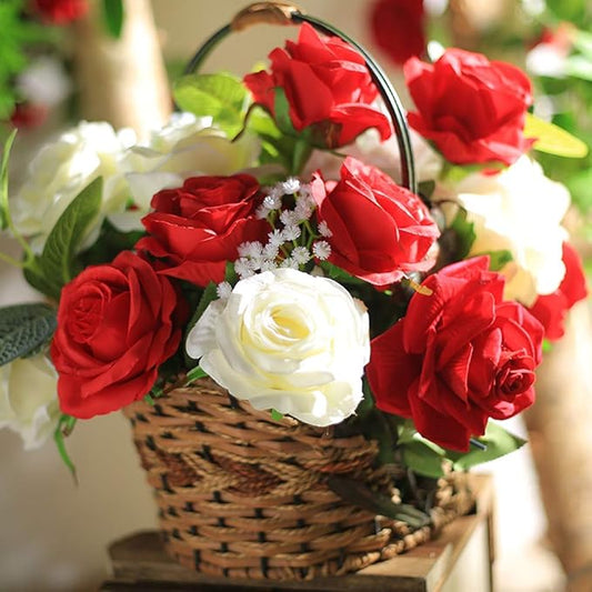 Laelfe 12 pcs Artificial Red Roses Flowers Long Stem Fake Silk Rose for Home Wendding Decorations(Red)