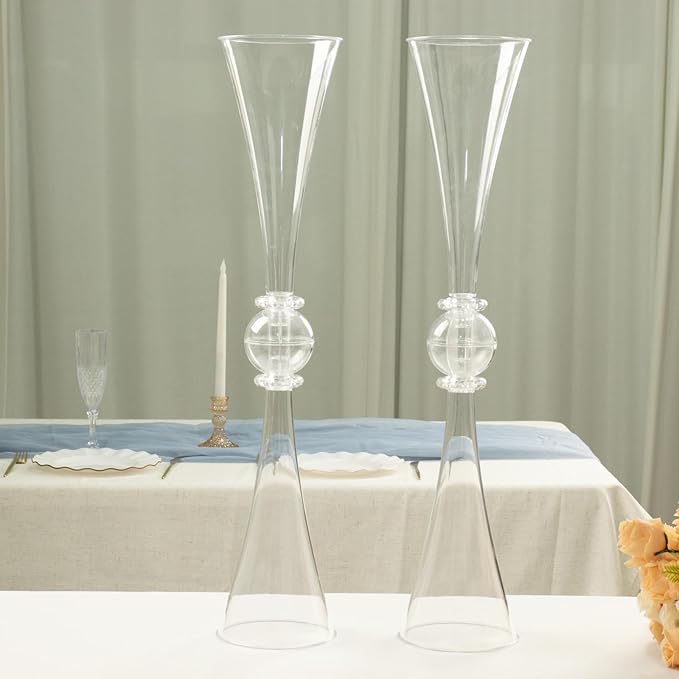 Efavormart 2 Pack | 27" Clear Crystal Embellishment Trumpet Table Centerpiece, Reversible Plastic Flower Vase
