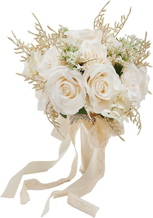 Meldel 8.66 Inch Wedding Bouquets for Birde Bridesmiads, Bridal Bouquet for Birde Wedding, White Champagne Artificial Roses Flowers Wedding Decoration