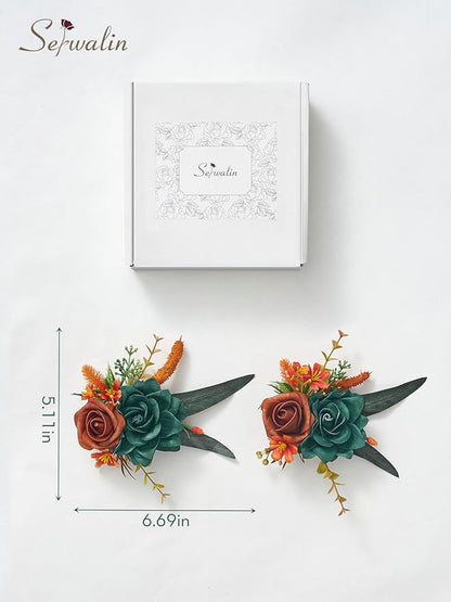 Serwalin Set of 2 Boutonniere for Men, 6-7inch Corsage Groom and Best Man Boutonnieres for Wedding Prom Ceremony Anniversary Party Cake Topper, Teal Orange