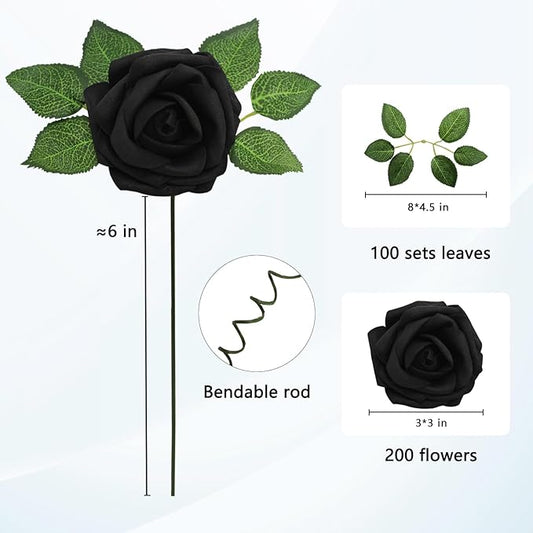 JOYLEX Artificial Flowers Realistic Roses, Real Looking Fake Roses with Stem for DIY Wedding Bouquets Centerpieces Bridal Shower Party Home Romantic Decorations (Black, Regular 3" - 200pcs)